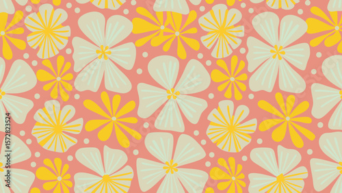 Floral pattern with white and yellow flowers on a pink background in a seamless repeat design style