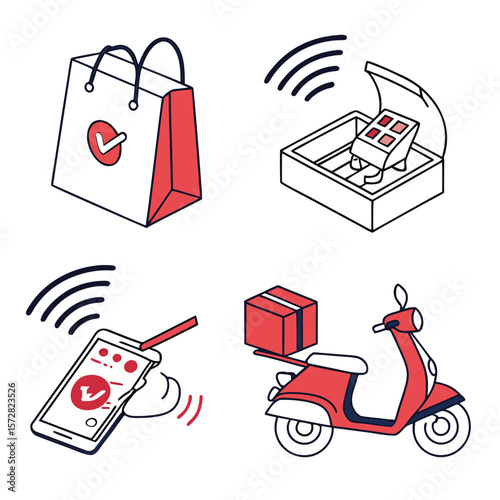 Isometric illustration showing shopping bag open box smartphone and delivery scooter in red and black outline