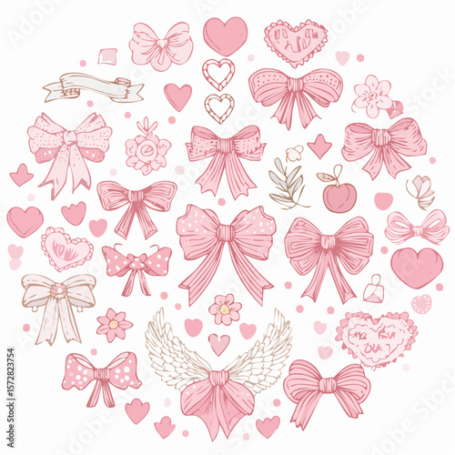 Set of cute coquette bows, ribbons, patches, flowers, cherry, hearts, angels. Elegant vintage cliparts in pastel pink color. Hand drawn line art girly decor. Vector illustrations
