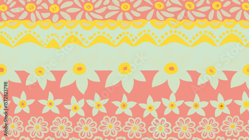Floral pattern with daisy and star shapes in pink, yellow and light blue color palette creating a border
