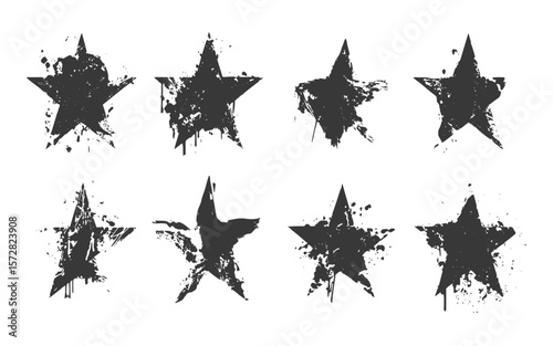 Grunge star set with black distressed texture for vintage design, Black grunge stars with worn texture set for retro graphics, Distressed black star vector set with grunge style elements