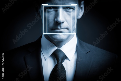 A man in a suit and tie standing in front of a glowing square, representing a futuristic AI interface scanning his face for biometric recognition.