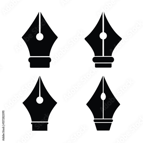 Pen nib Silhouette Vector Set Black Icon Collection Isolated on White Background
