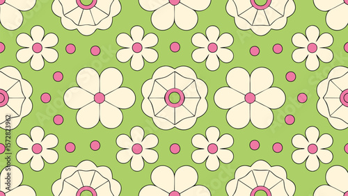 Floral pattern of white flowers with green and pink centers on a light green background design style