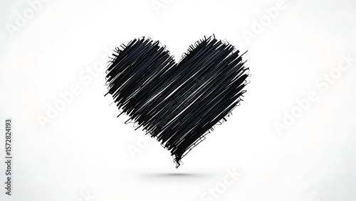 Black scribbled heart with shadow on white background drawing sketch