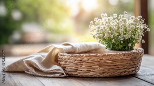 Bouquet of white flowers in a basket on a wooden table.