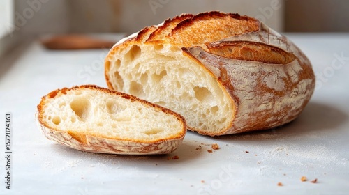 Freshly baked artisan bread cooling on a countertop with a sliced piece showcasing its soft interior