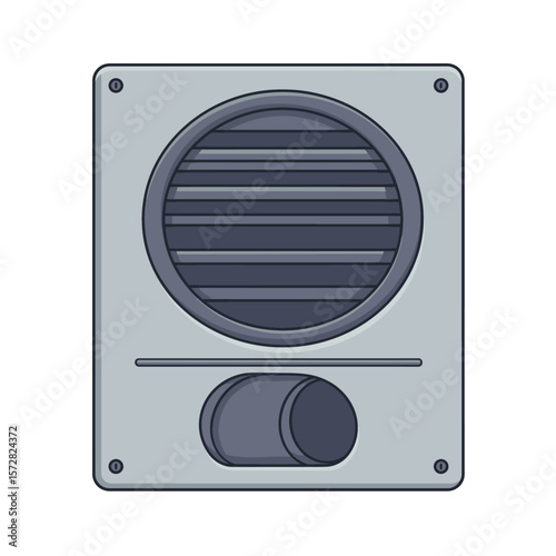 Rectangular gray object features a circular vent horizontal slit and cylindrical protrusion Secure with corner screws
