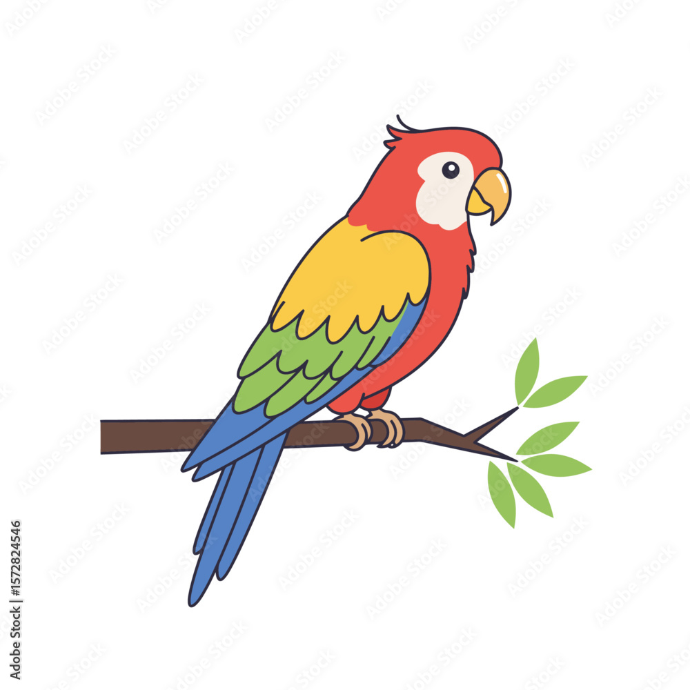 Obraz premium Cartoon parrot brightly colored perches on a brown branch with green leaves