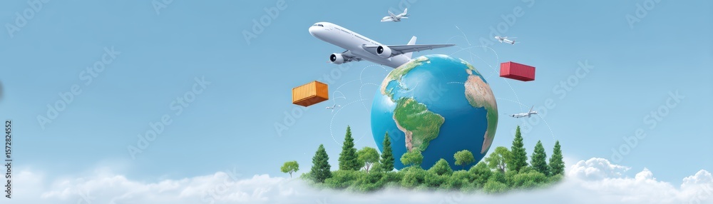 Naklejka premium Air Travel and Global Trade Concept with Airplane, Earth, Cargo Containers, and Green Forest Landscape