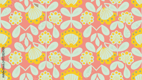 Repeating pattern of stylized flowers and leaves on a coral colored background design element floral art