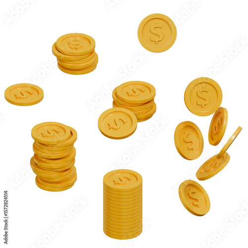 금화 더미와 떨어지는 동전 3D 일러스트 / Gold Coins Stack and Falling Coin 3D Illustration