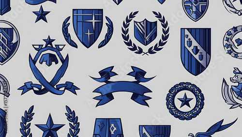 Blue heraldic emblems and stars on light background heraldry crests