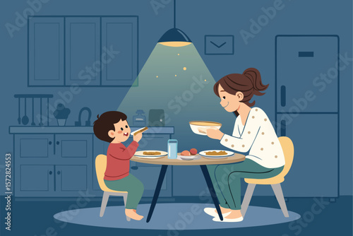 A heartwarming flat vector illustration portrays a mother and child eating toast.