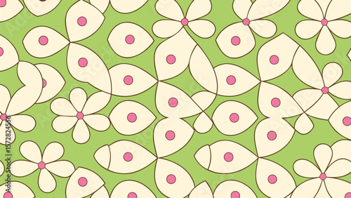 Floral pattern with white petals and pink centers on a green background in a repeating design style