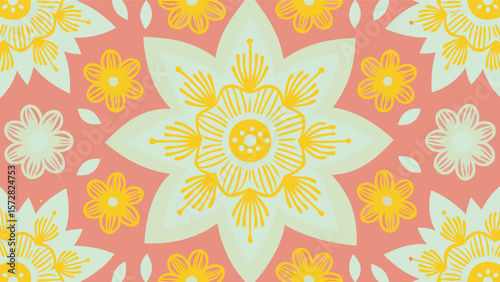 Floral pattern with large white flowers and smaller yellow flowers on a pink background design element