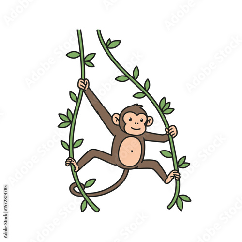 A cartoon monkey swings between two leafy vines isolated on a white background