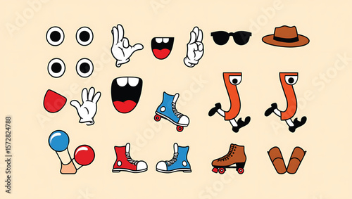 Cartoon eyes mouths hands shoes roller skates hat sunglasses and maracas vector