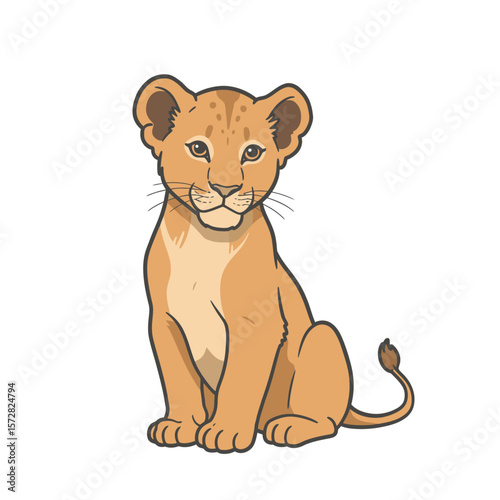 A cartoon lion cub is sitting on a white background