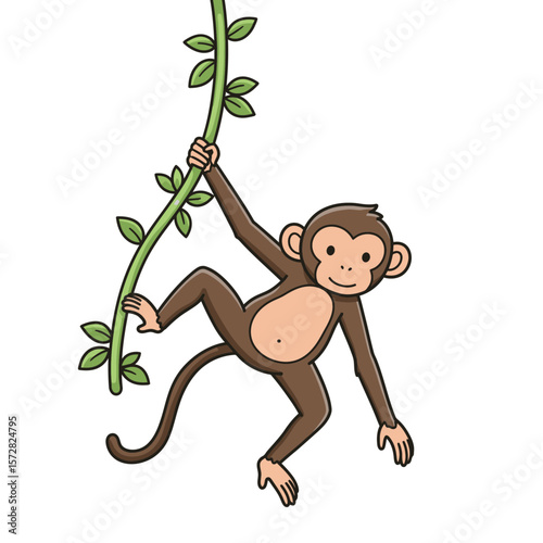 A cartoon monkey hangs from a green vine with leaves