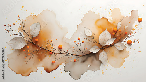 Delicate branches with orange berries and pale leaves on watercolor splashes autumn