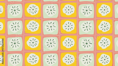 Floral pattern on squares with alternating pastel green and yellow colors on a pink background grid pattern