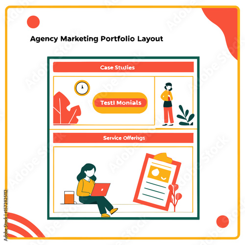 Illustration of agency marketing portfolio layout showcasing case studies and service offerings with people elements