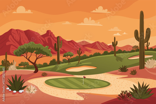 Vector desert golf course scene with red sand.