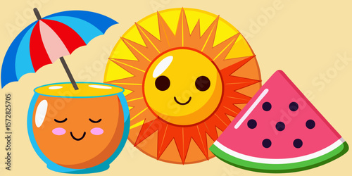 Colorful cartoon vector illustration of Easter eggs with flowers and birds under a sunny sky, full of the joy of spring