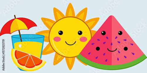 Happy cartoon sun and smiling star characters enjoy a fun summer beach party with a watermelon cocktail and beach ball
