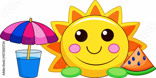 Cute cartoon cat vector illustration with a yellow smiley face on a summer beach ball and sun, perfect for kids' fun