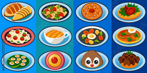 A vector illustration of a set of colorful Easter eggs with flowers and fresh basil, perfect for a healthy spring snack or Italian-themed lunch