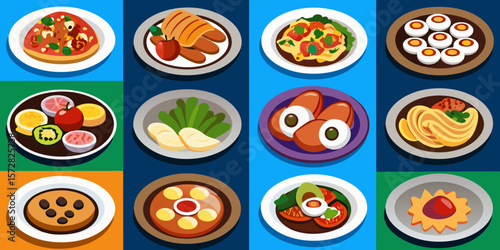 Set of vector fire icons for a healthy Italian vegetable and meat dish