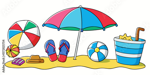 A vibrant vector illustration of a summer beach set with an umbrella, sea, sand, and sun for a relaxing holiday vacation