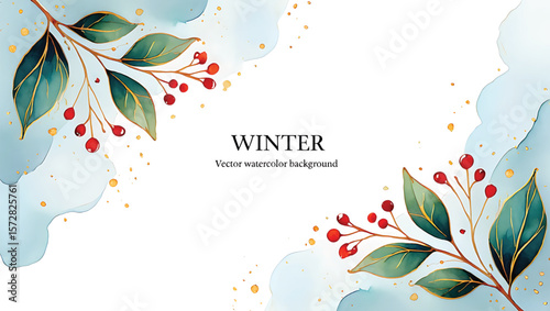 Festive winter branches with red berries and gold accents leaves