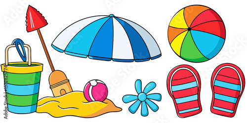 Colorful vector beach icons featuring umbrellas, toys, and summer elements against a sunny sea landscape, perfect for vacation and travel illustrations