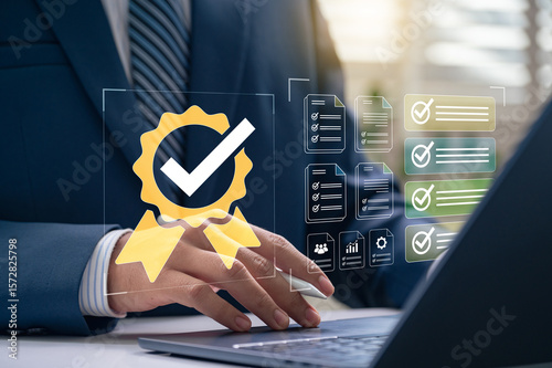 Businessman using digital system to approve and validate documents with quality assurance, checklist and compliance process showing efficiency, performance tracking, and work standardization