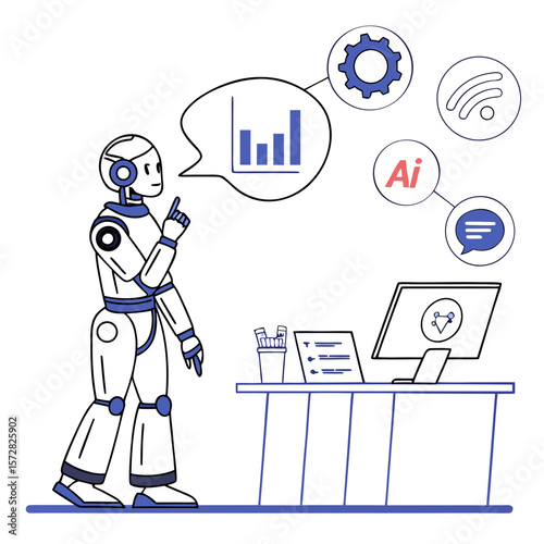 Illustration of a robot standing near a desk with computer and various ai related icons around it