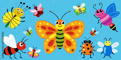 Set of colorful insect vectors: butterflies, ladybugs, and other cute bugs illustrated with flowers for a nature-inspired design