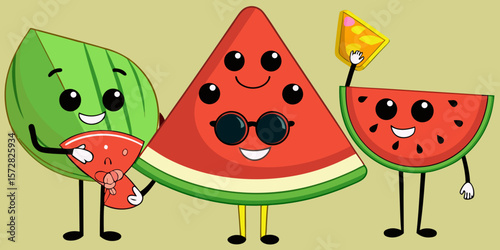 Here's a single sentence for naming an image of an illustrated watermelon:
Cartoon vector illustration of a cute red watermelon with a green leaf