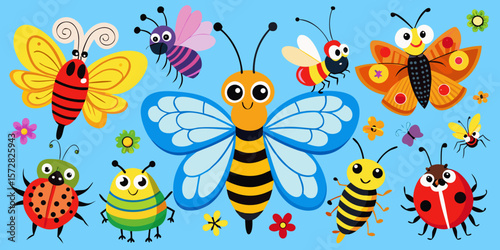 Cute cartoon honey bee flying among summer flowers
