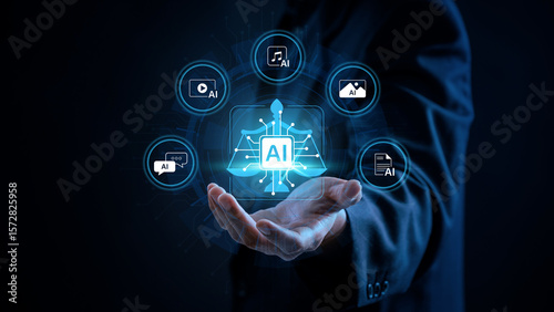 Ethical AI platform creating diverse content formats such as text, video, music, and images, showing responsible automation, data integrity, and transparent content generation in digital systems