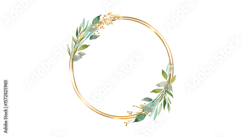 Golden circular frame adorned with green leaves and yellow berries floral wreath