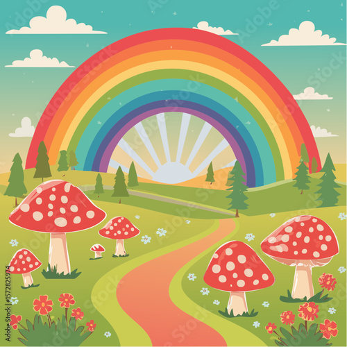 Colorful groovy rainbow and mushrooms illustration in 70s and 60s style. Vintage hippie landscape. Psychedelic seventies nature background. Vector graphic design.