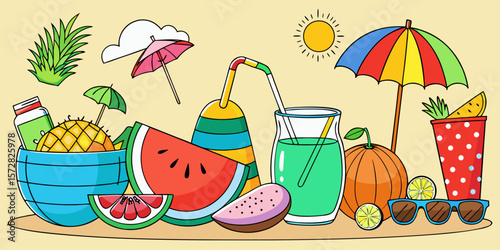 A vibrant vector illustration set of summer beach icons, featuring fresh fruit, healthy salads, and refreshing drinks
