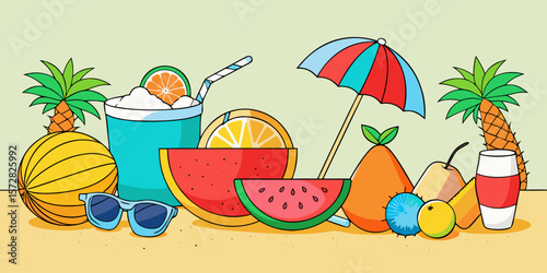 Vibrant vector illustration featuring a fun set of summer beach icons with food, fruit, and flower designs