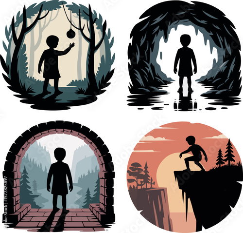 Silhouette Child Adventures Exploring Mysterious Forest, Cave, Archway, Cliff