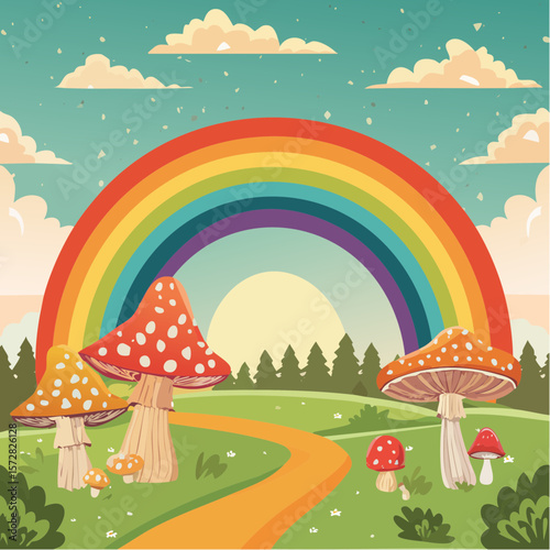 Colorful groovy rainbow and mushrooms illustration in 70s and 60s style. Vintage hippie landscape. Psychedelic seventies nature background. Vector graphic design.