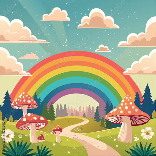 Colorful groovy rainbow and mushrooms illustration in 70s and 60s style. Vintage hippie landscape. Psychedelic seventies nature background. Vector graphic design.