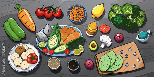 Fresh, healthy vegetables and fruit on a wooden table, a vibrant collection for a balanced diet